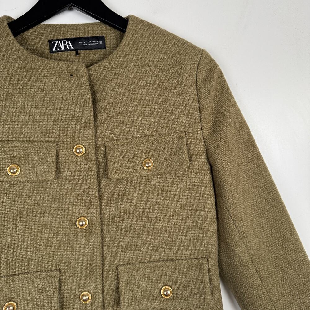 Zara Woven Utility Dressy Structured Jacke Crop Olive Green Gold Buttons - XL - Picture 2 of 10